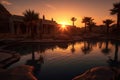 sun setting behind a tranquil desert oasis