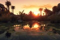 sun setting behind a tranquil desert oasis