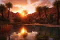 sun setting behind a tranquil desert oasis