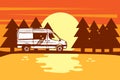 Sun is setting behind the trees, reflection in the lake. White van on the shore, living van life, camping in the nature.