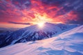 The sun is setting, casting a warm glow over a snow-covered mountain peak, Colorful sunsets illuminating the skies over snowy Royalty Free Stock Photo