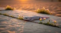 Albino Gecko basking in the golden sunset light near wildflowers on stone surface Royalty Free Stock Photo
