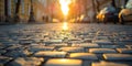 Sun Setting on Cobblestone Street. Generative AI