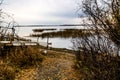 Sun setting on the fall colours around the lake. Battleford Provincial Park Saskatchewan Canada