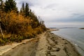 Sun setting on the fall colours around the lake. Battleford Provincial Park Saskatchewan Canada