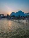 Sun setting on Nam Song River, Laos Royalty Free Stock Photo