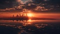 the sun is setting over a city with a reflection in the water of the water and clouds in the sky, and the sun is setting over the Royalty Free Stock Photo