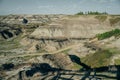 Sun setting over Dinosaur Provincial Park, a UNESCO World Heritage Site in Alberta, Canada. Royalty Free Stock Photo