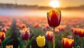 the sun setting over a field full of tulips Royalty Free Stock Photo