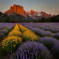 Sun setting over a field of wild flowers with a background of mountains Royalty Free Stock Photo