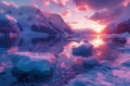 Sun setting over frozen lake, snowcapped mountains in natural landscape Royalty Free Stock Photo