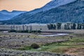 The sun setting over the Lamar Valley near the northeast entrance of Yellowstone National Park in Wyoming