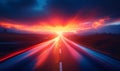 Sun Setting Over Long Highway. Generative AI Royalty Free Stock Photo