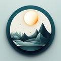 the sun is setting over a mountain range in a circular design