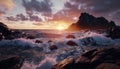 the sun is setting over the ocean with rocks in the foreground and waves in the foreground, and a ro Royalty Free Stock Photo