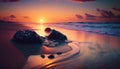the sun is setting over the ocean with rocks in the water. Royalty Free Stock Photo