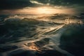 the sun is setting over the ocean waves in the ocean with the sun shining through the clouds and the water in the foreground is Royalty Free Stock Photo