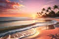 Sun Setting Over a Quiet Beach Horizon Dominated by Vivid Orange and Pink Hues - Shadows of Palm Trees Creating Serenity Royalty Free Stock Photo