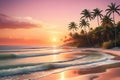 Sun Setting Over a Quiet Beach Horizon Dominated by Vivid Orange and Pink Hues - Shadows of Palm Trees Creating Serenity Royalty Free Stock Photo