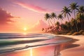 Sun Setting Over a Quiet Beach Horizon Dominated by Vivid Orange and Pink Hues - Shadows of Palm Trees Creating Serenity Royalty Free Stock Photo