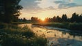 Summer Evening Glow: Uhd Image Of A River In A Field With Wild Flowers