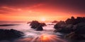 The sun is setting over a rocky beach. AI generative image.