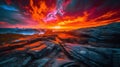 The sun is setting over a rocky beach. AI generative image.