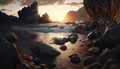 the sun is setting over a rocky beach with rocks in the foreground and a body of water in the middle Royalty Free Stock Photo