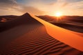 Sun Setting Over Sand Dunes, A Breathtaking Natural Landscape at Dusk, Desert at sunset with shadows stretching from tall sand Royalty Free Stock Photo