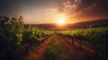 the sun is setting over a vineyard in the country side