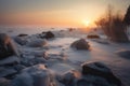 the sun is setting over the water and rocks covered in ice and snow on a frozen lake shore with trees and bushes in the Royalty Free Stock Photo