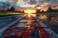 Sun Setting Over Wet Street. Generative AI