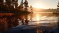 Sun setting over wilderness lake landscape