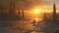 The sun setting over a winter cityscape casting a golden glow over the massive ice fortresses that dominate the scene