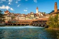 Covered bridge, church, castle and river view in Thun Switzerland