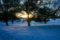 Sun setting on a snowy Landscape in Teesdale, County Durham.