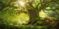 Sun shines through the ancient tree. Generative AI illustration Royalty Free Stock Photo