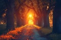 The sun shines brightly through the dense trees as it illuminates the road ahead, Tangerine sunset seeping through a tree alley in Royalty Free Stock Photo