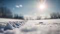 the sun shines brightly over a snowy field with a golf ball in the foreground. generative ai Royalty Free Stock Photo
