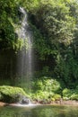 Sun shines into the canyon at the Banyumala Waterfall, and the rays illuminate the cliffs covered with tropical vegetation. Royalty Free Stock Photo