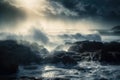 the sun shines through the clouds over the ocean waves and rocks on the shore of a rocky beach in the ocean with crashing waves Royalty Free Stock Photo
