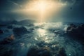 the sun shines through the clouds over the ocean waves and rocks in the water, with a bird flying over the rocks in the Royalty Free Stock Photo