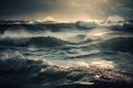 the sun shines through the clouds over the waves in the ocean on a stormy day in the ocean, with the sun shining through the Royalty Free Stock Photo