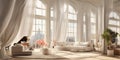 The sun shines into the high-ceilinged room, the white curtains are blown by the wind, White interior, french interior inspiration