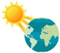 Sun shines rays on planet and heats it. Global warming and environmental problems concept