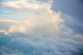 The sun shines on the sky from airplane, View on flight, bird eye view.Over the Clouds. Fantastic background with clouds and mount Royalty Free Stock Photo