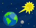 Sun shines on surface of Earth and Moon. Star of planet earth. Astronomy, observation of sun activity and weather. Colored vector