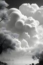 sun shines through thick white clouds. Sun rays and spots. Black and white photo. Playground AI platform Royalty Free Stock Photo