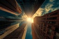 The sun shines through the towering buildings, casting bright light and creating striking shadows, Skyscrapers eclipsing the sun Royalty Free Stock Photo