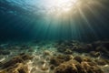 the sun shines through the water on a sandy bottom of the ocean floor, with a fish swimming in the foreground and a coral reef in Royalty Free Stock Photo